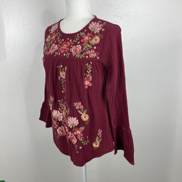 Andree by Unit Boho Blouse Women Small Maroon Floral Embroidered Long Sleeve Top - Picture 2 of 14